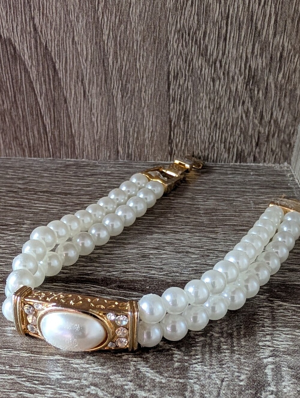 Faux Pearl Double Strand Bracelet With Crystal Rhinestone Accents